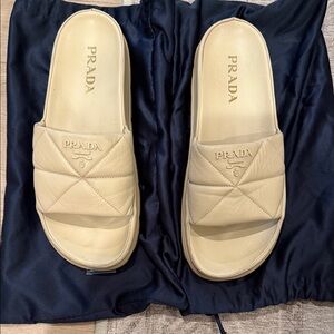 Prada Matelassé Slide Sandal in beige